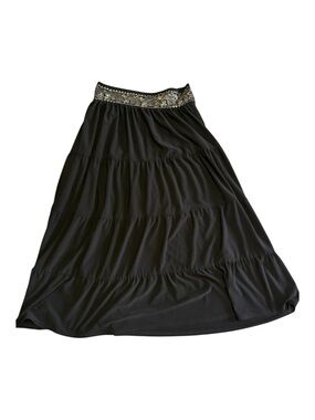 Mariposa Black Tiered Maxi Skirt with Embroidered Gold Waistband. Size XS
